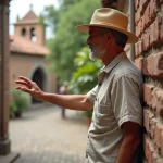 Historien âgé touchant la pierre d'un bâtiment colonial à León