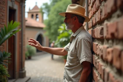 Historien âgé touchant la pierre d'un bâtiment colonial à León