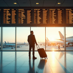 Homme dans un aéroport regardant le tableau des départs