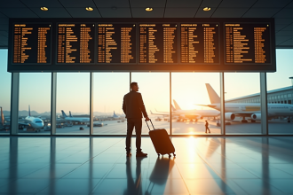 Homme dans un aéroport regardant le tableau des départs