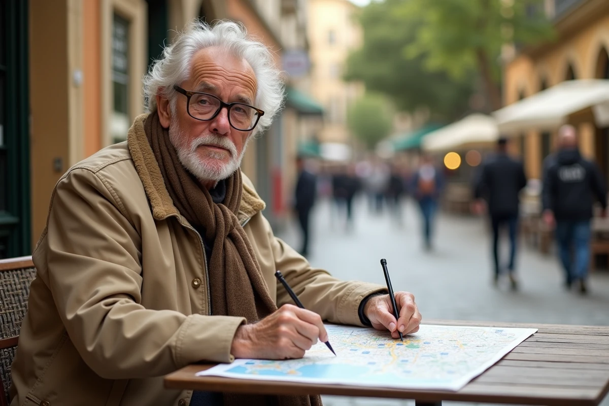 Homme âgé consulte une carte à un café d