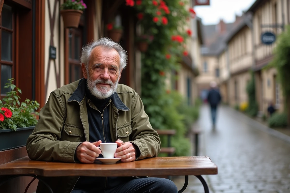 Homme local attablé devant un café traditionnel à colombages du village normand de Beuvron-en-Auge