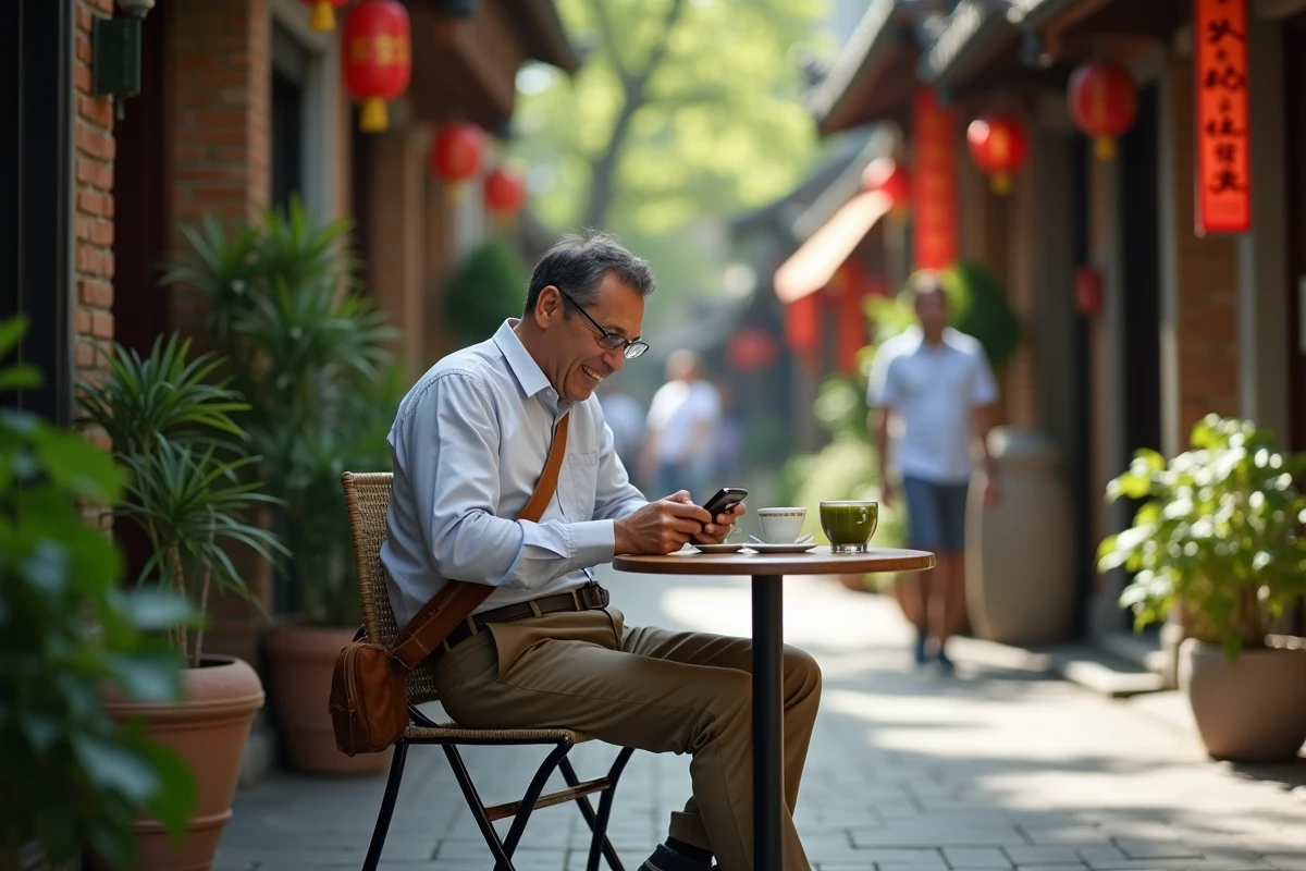 Homme au café traditionnel dans une ruelle de Guangzhou