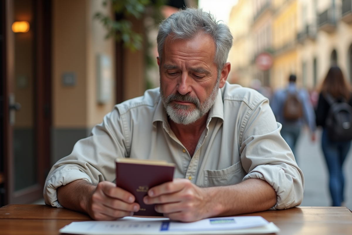 Homme avec passeport et billet dans un café en Espagne