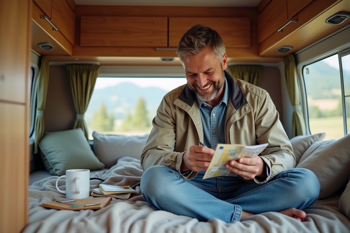 Homme dans un van planifie ses déplacements avec notes