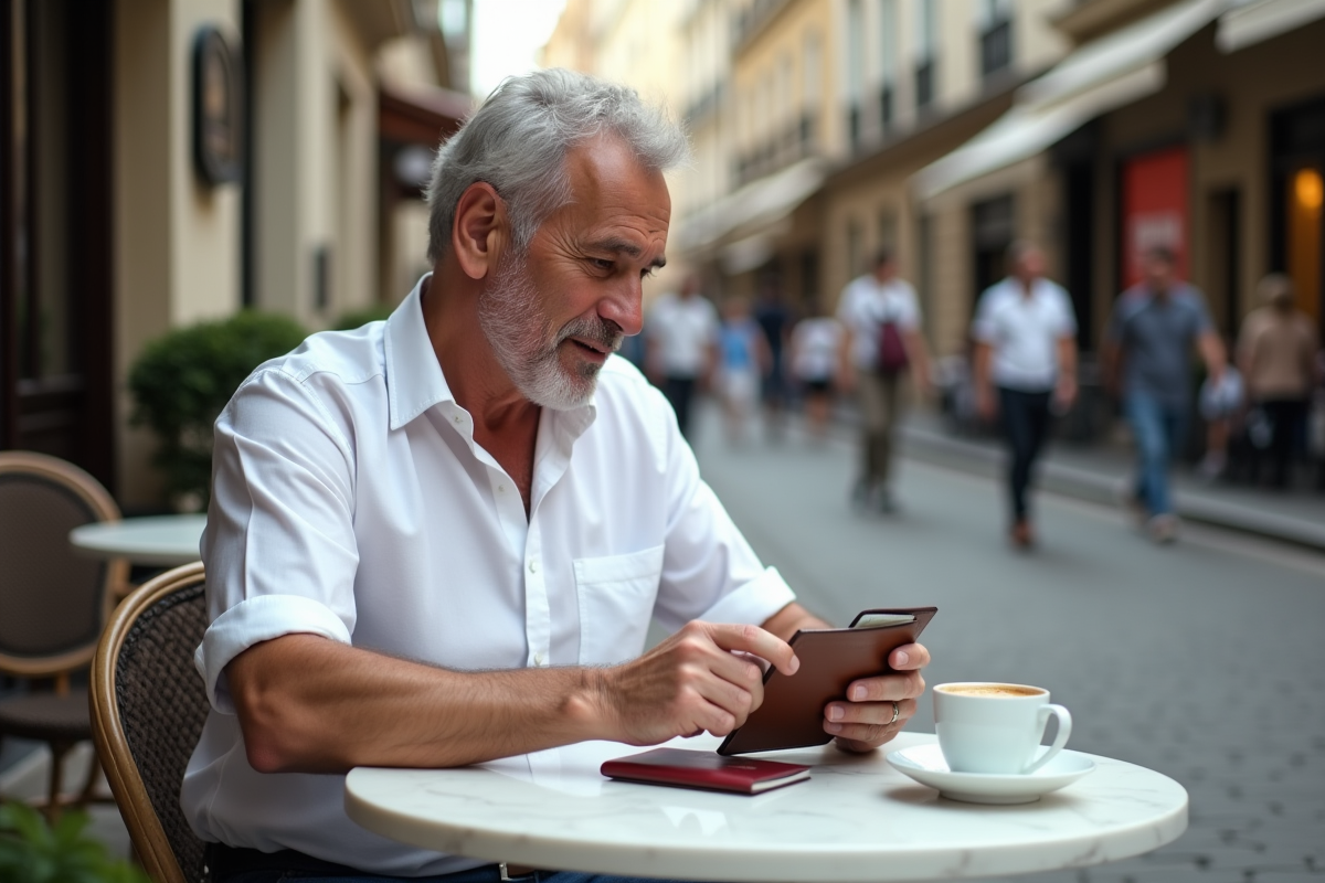 Homme avec carte bancaire et passeport dans un café parisien