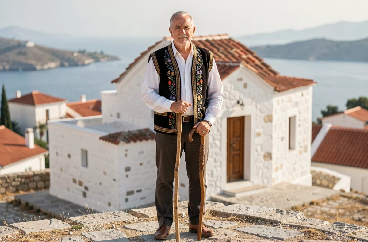Homme crétois en costume traditionnel devant une chapelle blanche avec vue sur un village côtier de Crète