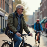 Homme néerlandais à vélo en ville avec casque