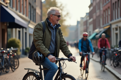 Homme néerlandais à vélo en ville avec casque