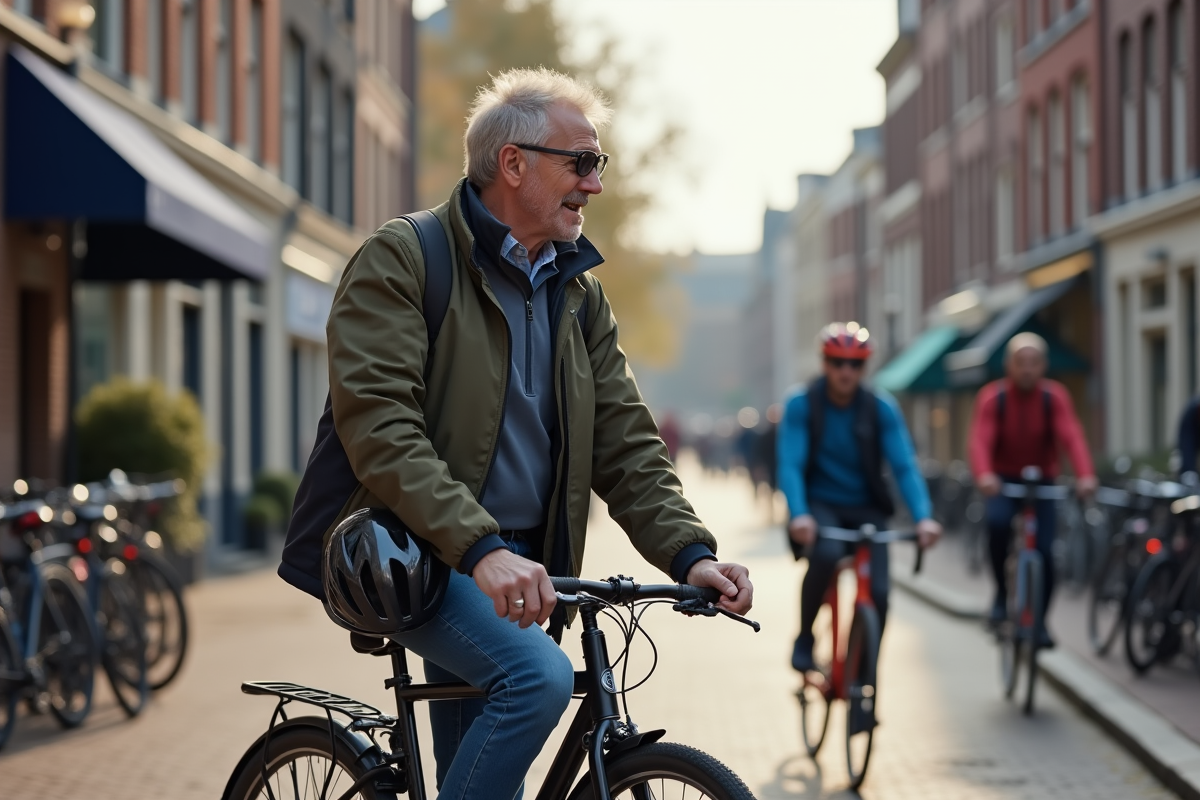 Homme néerlandais à vélo en ville avec casque