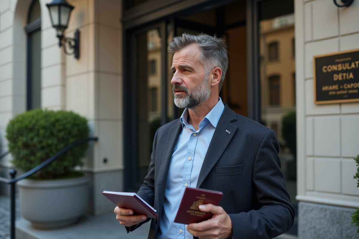 Homme avec passeport devant un consulat urbain