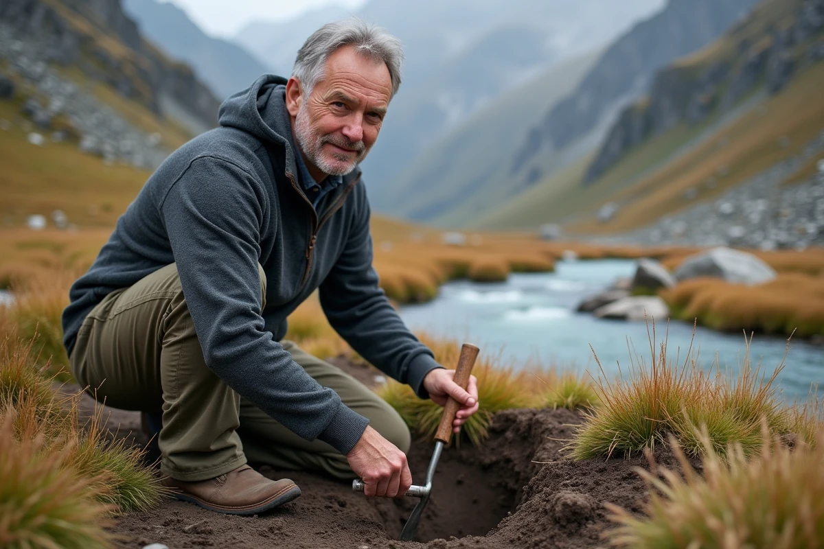 Homme creusant un trou dans un paysage montagneux avec un trowel