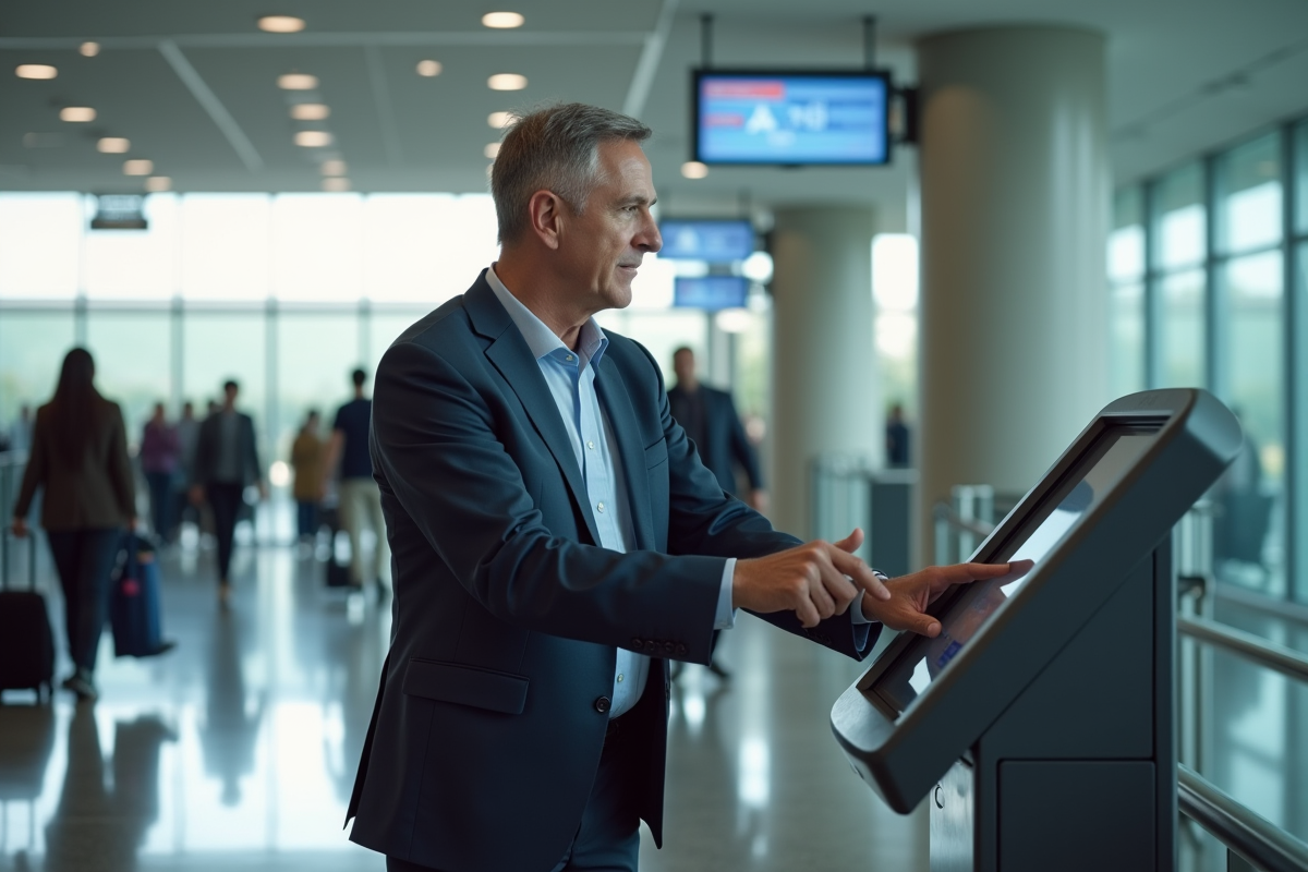 Homme enregistrement à un kiosque dans un aéroport animé