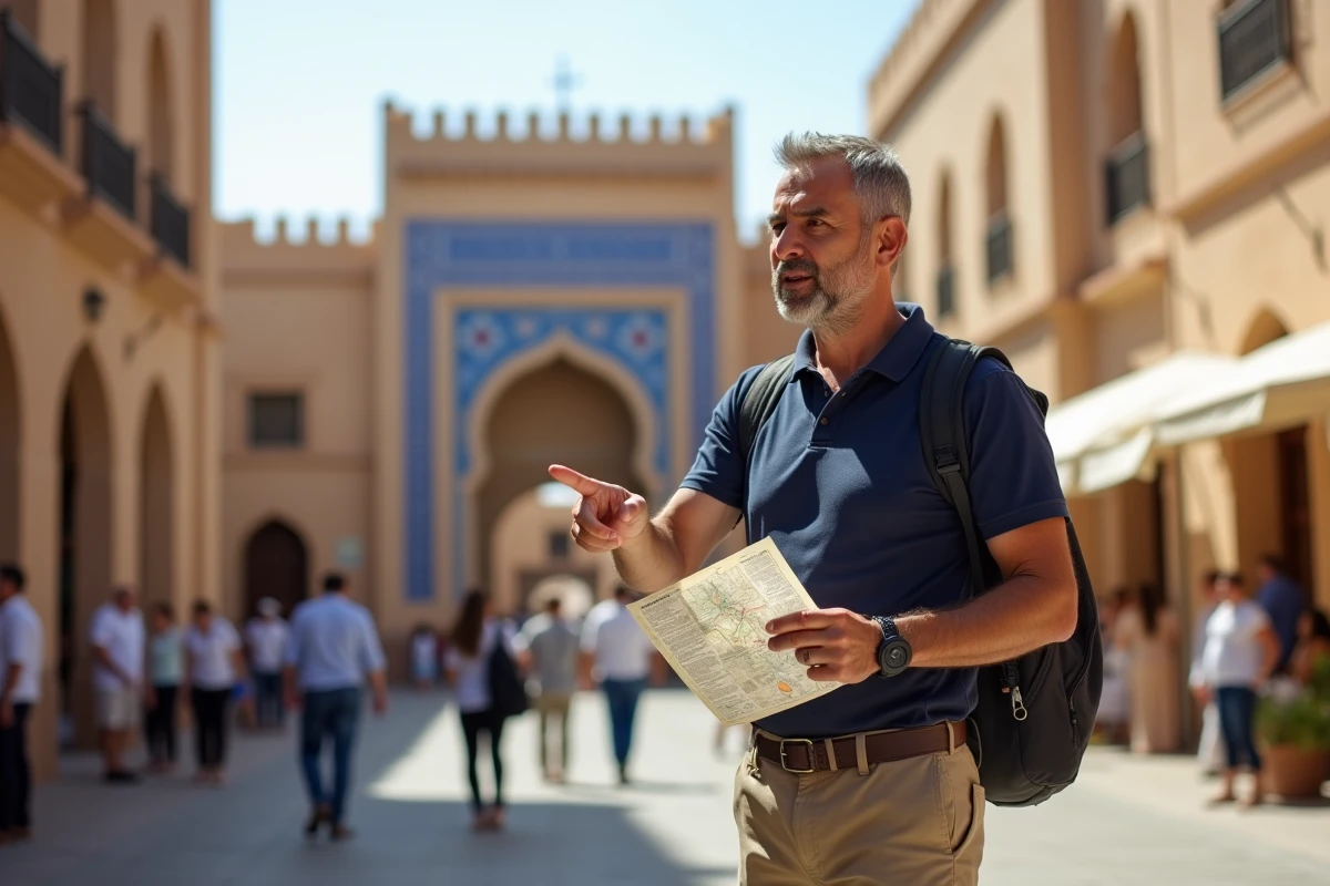Guide marocain montrant la porte Bab Boujloud à Fès