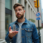 Homme avec couteau suisse en main dans la ville canadienne