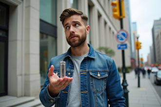 Homme avec couteau suisse en main dans la ville canadienne