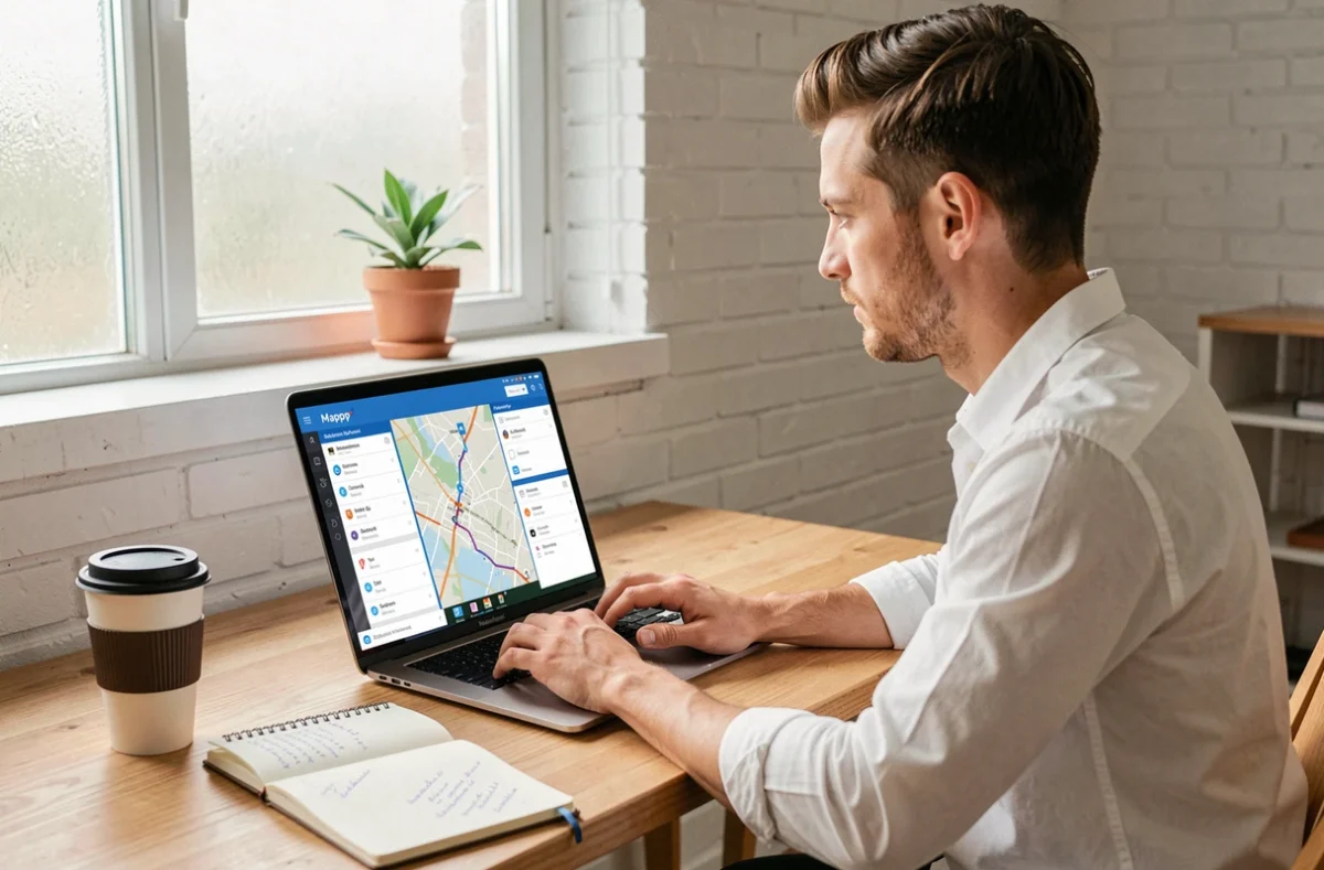 Jeune homme planifiant son trajet domicile-travail sur Mappy depuis son bureau à domicile avant de partir au travail
