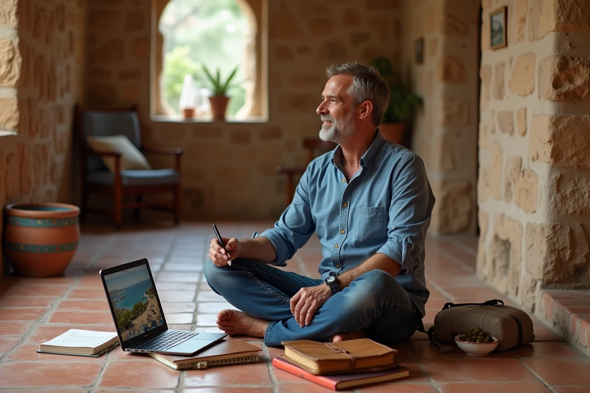Homme préparant son voyage en Méditerranée avec un blog et un journal de voyage dans une maison traditionnelle