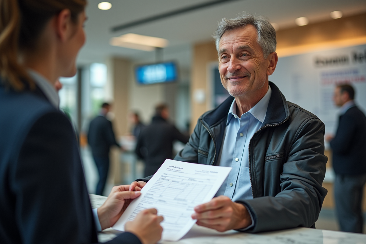 Homme recevant un formulaire de visa au guichet