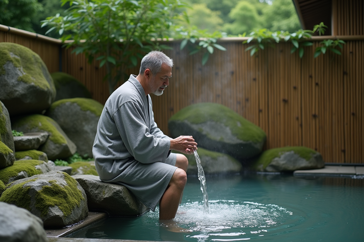 Homme en robe de lin gris dans un jardin japonais