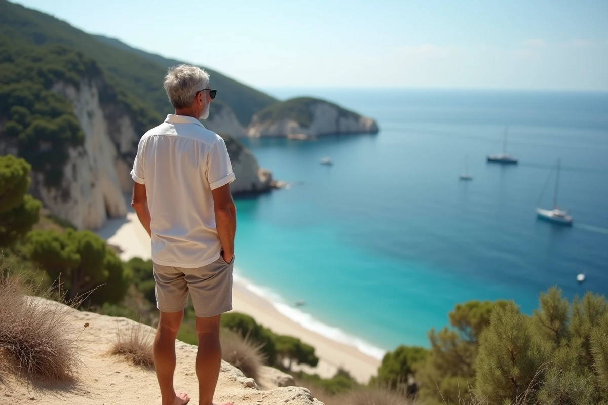 Homme regardant la côte rocheuse de Rayol Canadel