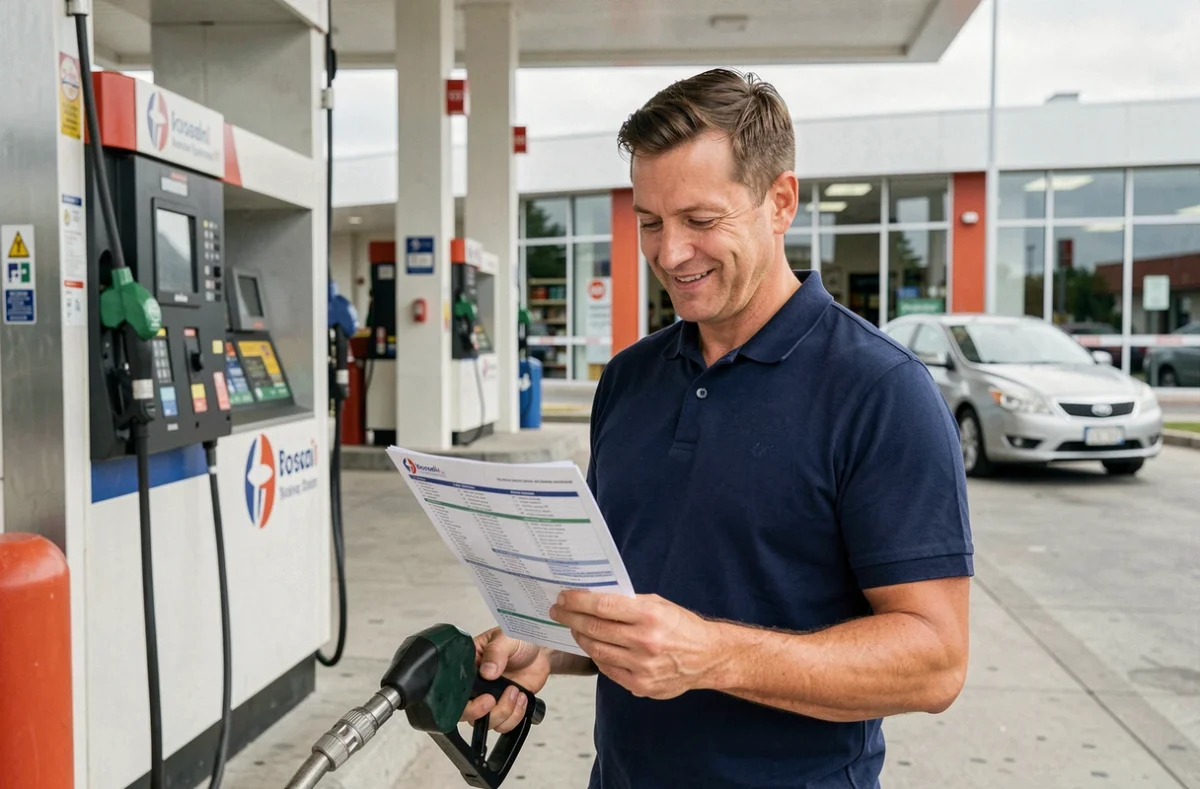 Homme à une station-service tenant un itinéraire imprimé lors d'un plein de carburant planifié pour réduire les coûts de voyage