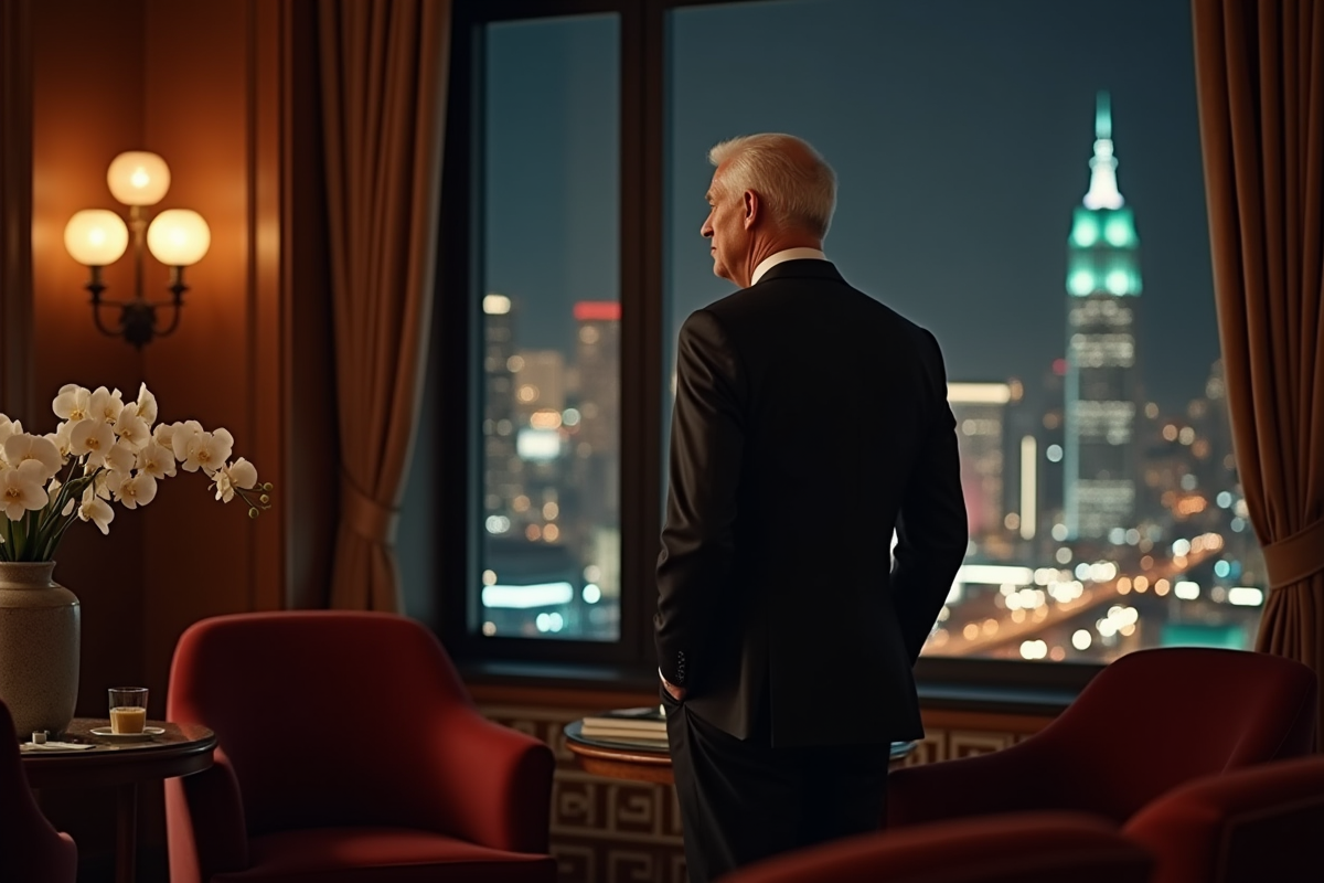 Homme en tuxedo regardant la ville de nuit depuis la fenêtre