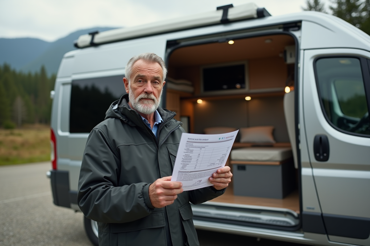 Homme réfléchissant à côté de son van aménagé en milieu rural