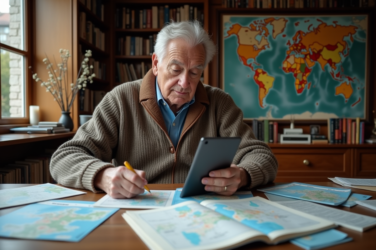 Homme âgé planifie son voyage avec brochures et tablette