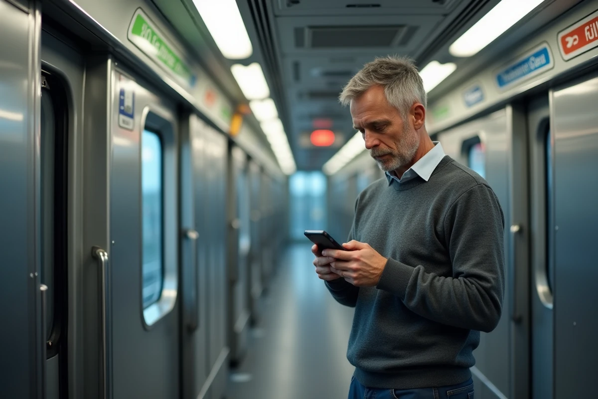 Homme vérifiant la connexion Wi-Fi sur son téléphone dans le couloir d'un train à grande vitesse entre Lyon et l'Italie
