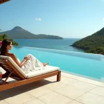 Piscine à débordement d'un hôtel 5 étoiles en Guadeloupe avec vue sur la mer des Caraïbes et végétation tropicale luxuriante