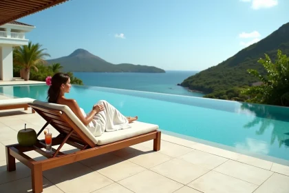 Piscine à débordement d'un hôtel 5 étoiles en Guadeloupe avec vue sur la mer des Caraïbes et végétation tropicale luxuriante