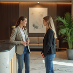 Jeune femme à la réception d'un hôtel élégant