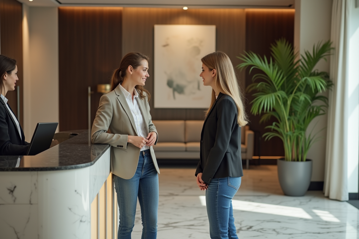 Jeune femme à la réception d'un hôtel élégant