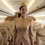 Hôtesse de l'air Etihad Airways en uniforme dans la cabine d'un avion long-courrier