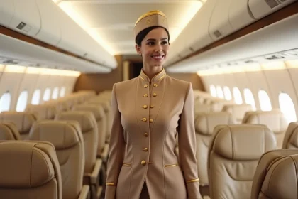 Hôtesse de l'air Etihad Airways en uniforme dans la cabine d'un avion long-courrier