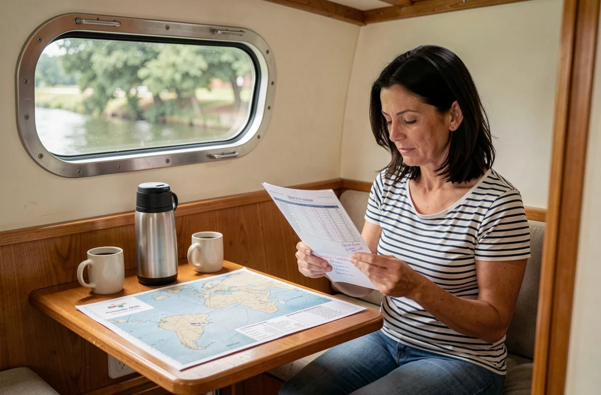 Intérieur d'une péniche de location sur le Canal du Midi avec une femme consultant un itinéraire de croisière et un budget