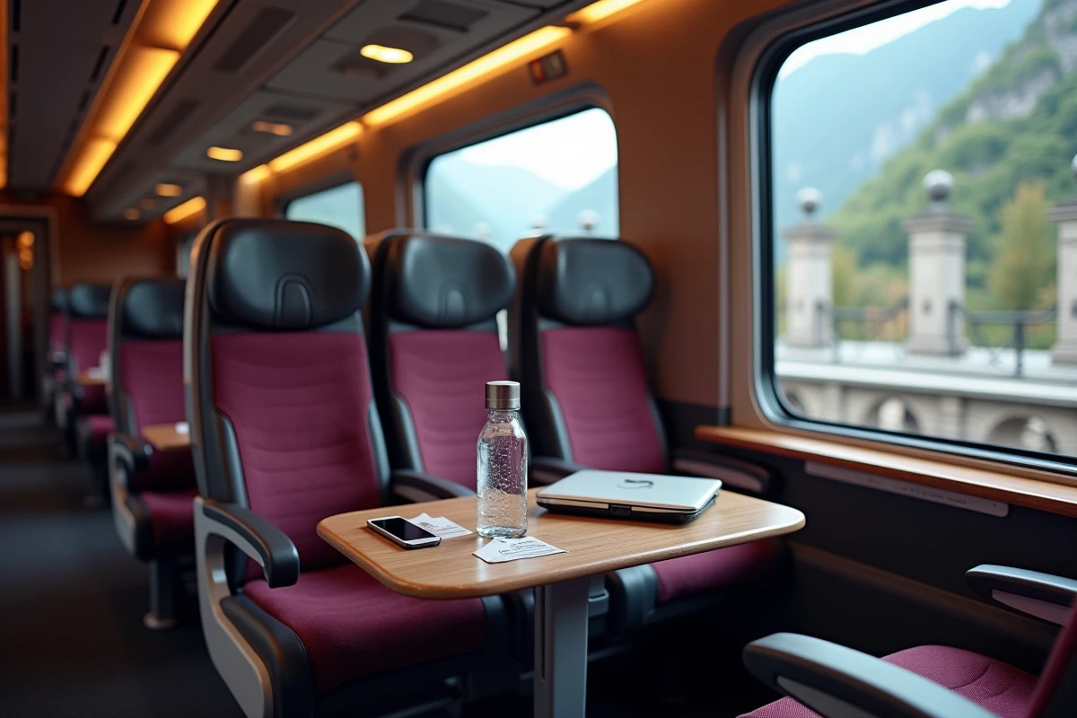 Intérieur d'un wagon de train premium sur la ligne Lyon-Italie avec sièges ergonomiques, tablettes et prises électriques visibles