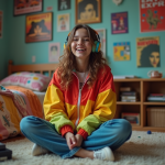 Jeune femme en 90s avec casque écoute musique dans sa chambre