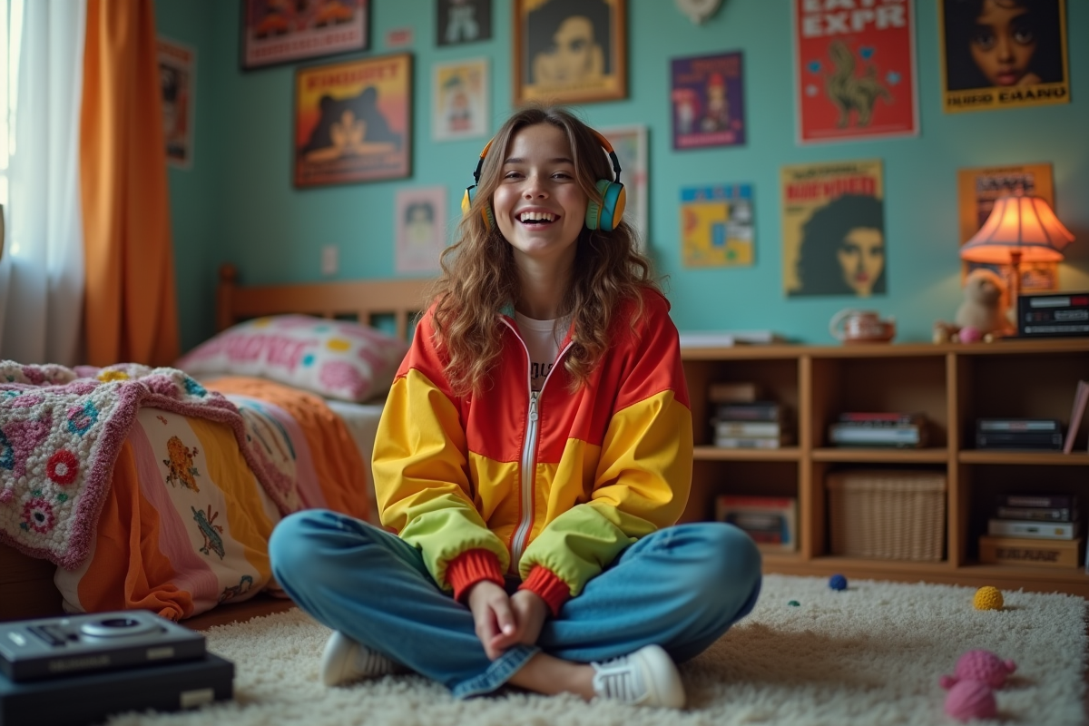 Jeune femme en 90s avec casque écoute musique dans sa chambre
