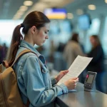 Jeune femme à l'aéroport vérifiant ses documents de voyage