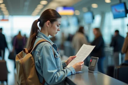Jeune femme à l'aéroport vérifiant ses documents de voyage