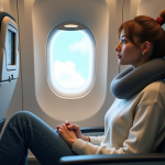 Jeune femme assise près de la fenêtre d'avion en cabine moderne