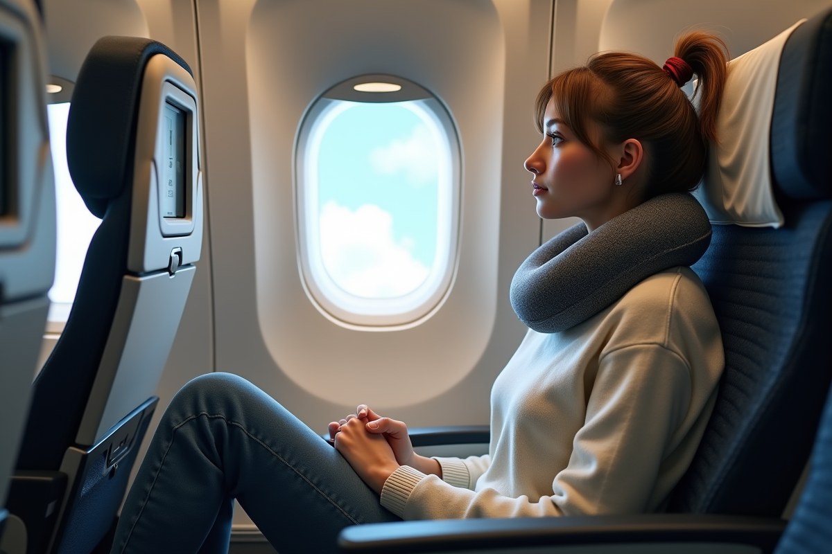 Jeune femme assise près de la fenêtre d'avion en cabine moderne