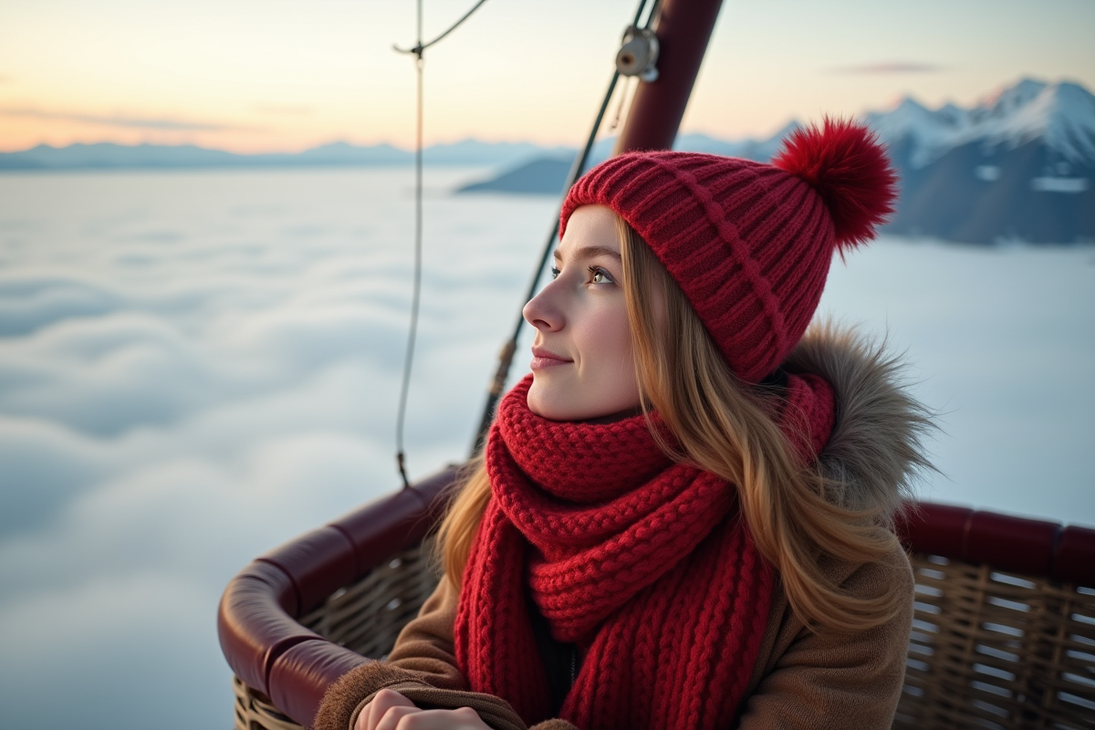 Jeune femme regardant le ciel depuis un ballon en altitude