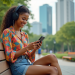 Jeune femme brésilienne souriante avec casque écoute musique
