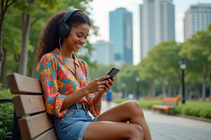Jeune femme brésilienne souriante avec casque écoute musique