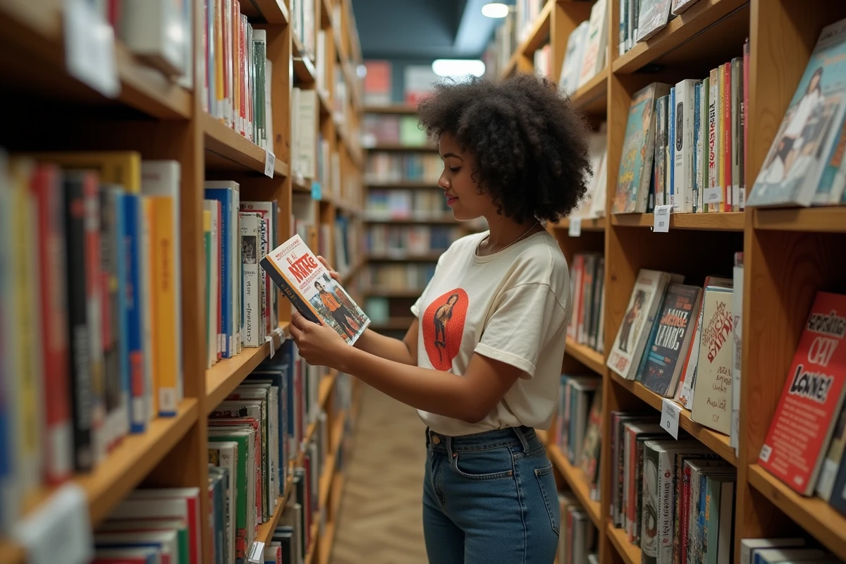 Jeune femme découvrant un manga boylove dans une librairie indépendante spécialisée