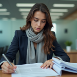 Jeune femme en blazer organise des documents officiels