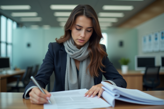 Jeune femme en blazer organise des documents officiels